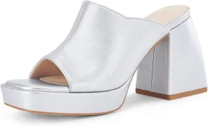Coutgo Womens Chunky Platform Mules Sandals Slip On Block Heels Square Toe High Heeled Dress Shoes