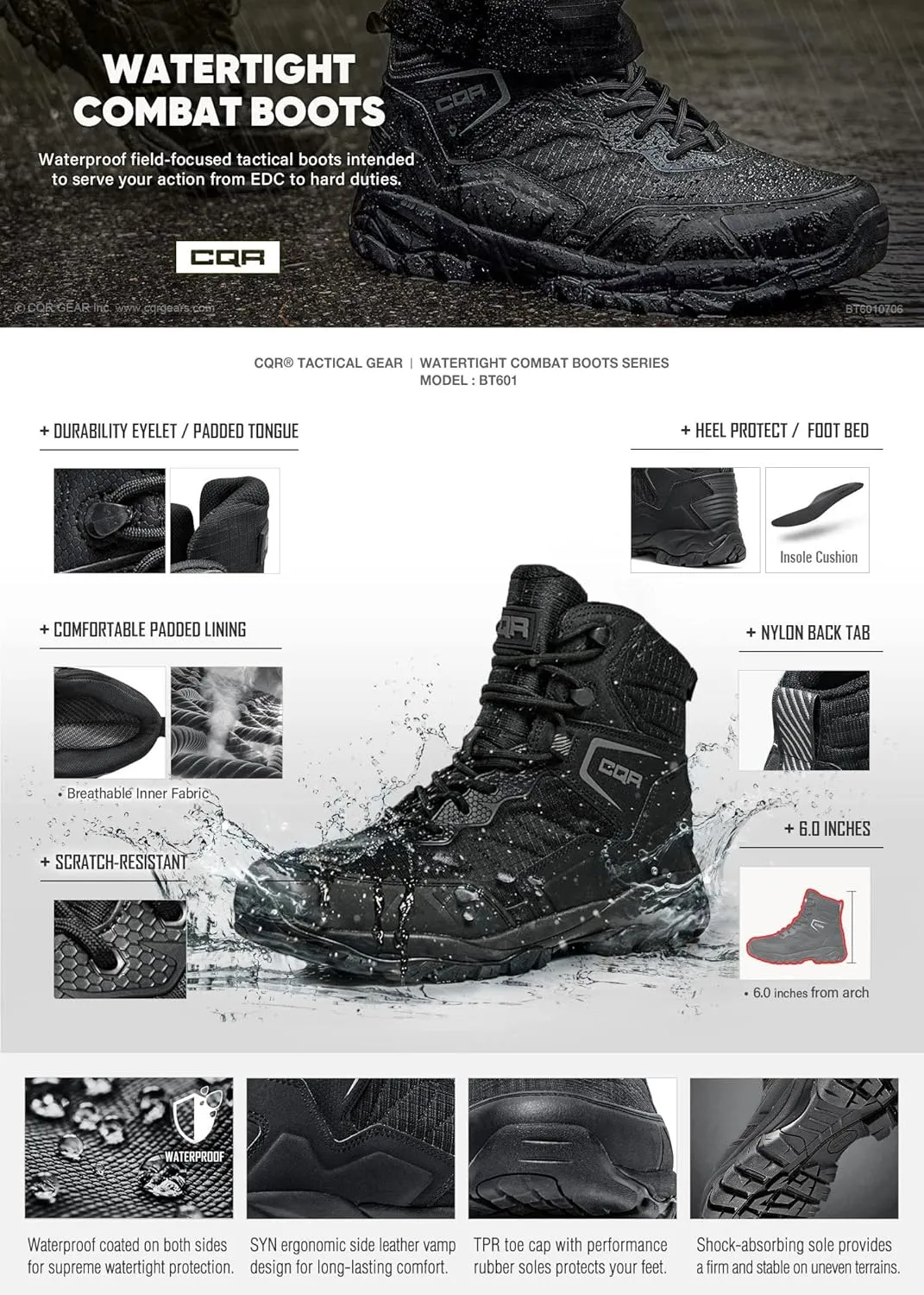 CQR Men's Military Tactical Boots, Lightweight 6 Inches Combat Boots, Durable EDC Outdoor Work Boots