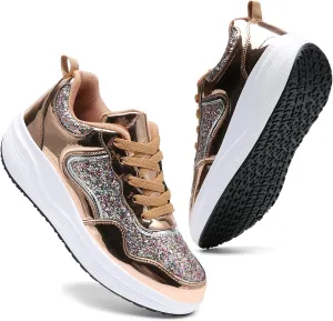 DADAWEN Women's Glitter Platform Wedge Athletic Tennis Walking Shoes Sparkly Sequin Lightweight Non Slip Casual Comfort Fashion Sneakers (Size:US5-US12)