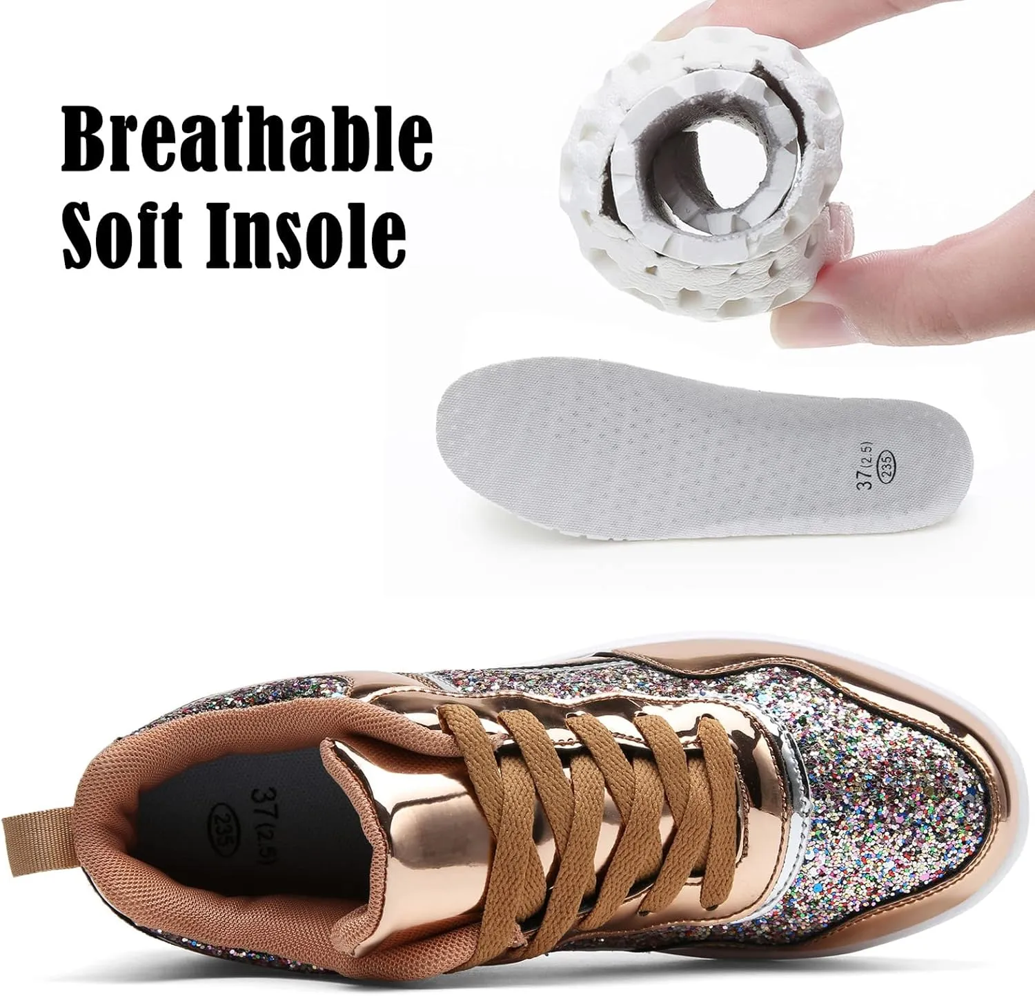 DADAWEN Women's Glitter Platform Wedge Athletic Tennis Walking Shoes Sparkly Sequin Lightweight Non Slip Casual Comfort Fashion Sneakers (Size:US5-US12)