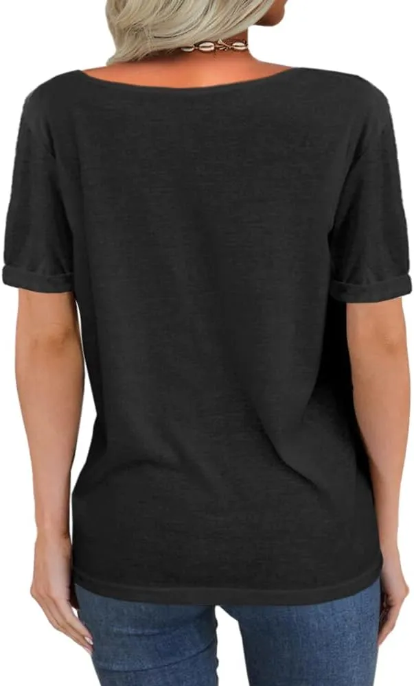 Danedvi Women Fashion Deep V-Neck Short Sleeve Tops Solid Casual Loose Basic T Shirt