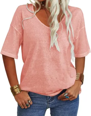 Danedvi Women Fashion V-Neck Half Sleeves Oversized T Shirt Solid Casual Loose Basic Tops