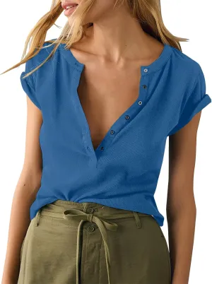 Danedvi Womens Deep V Neck Low Cut Tops Summer Short Sleeve Henley Shirts Casual Ribbed Knit T Shirts