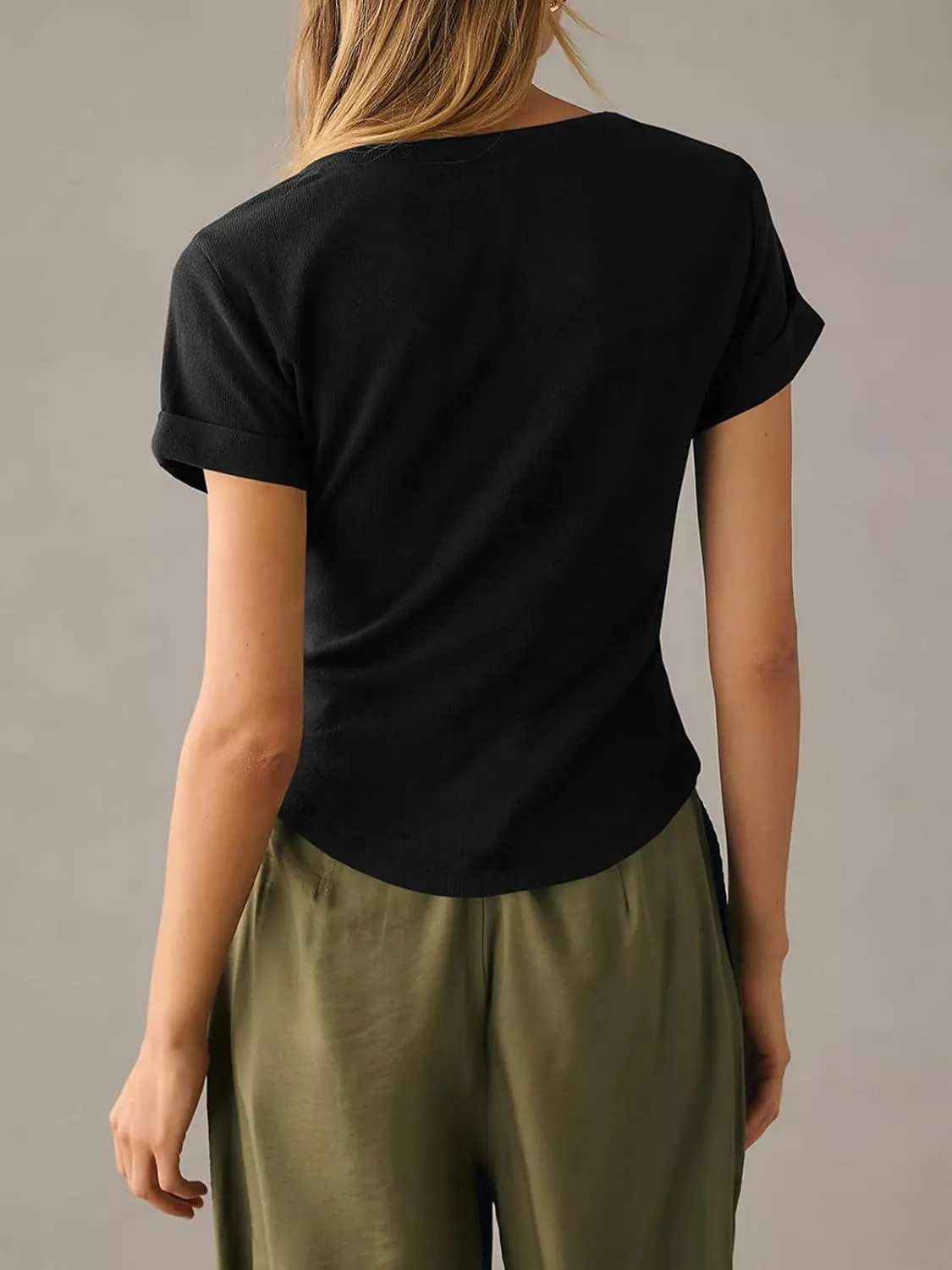Danedvi Womens Deep V Neck Low Cut Tops Summer Short Sleeve Henley Shirts Casual Ribbed Knit T Shirts