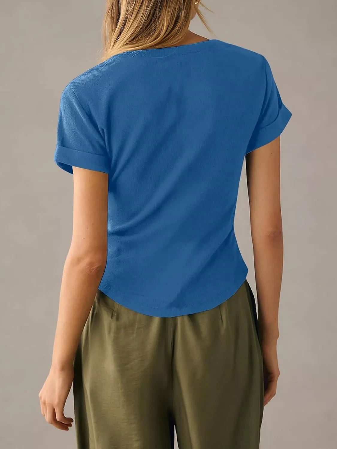 Danedvi Womens Deep V Neck Low Cut Tops Summer Short Sleeve Henley Shirts Casual Ribbed Knit T Shirts