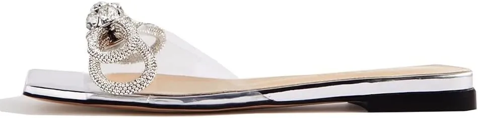 Divanne Slide Sandals for Women, Rhinestone Sandal Flats Bow Slippers Comfort Dressy Flat Slides