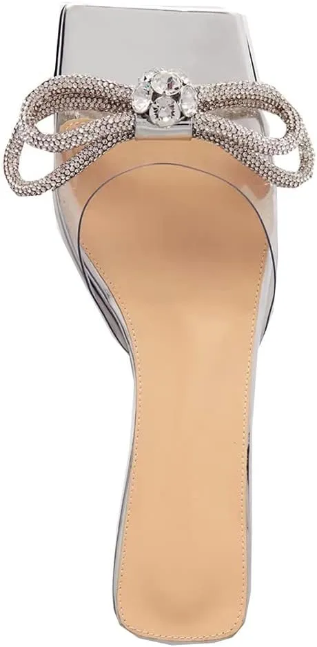 Divanne Slide Sandals for Women, Rhinestone Sandal Flats Bow Slippers Comfort Dressy Flat Slides