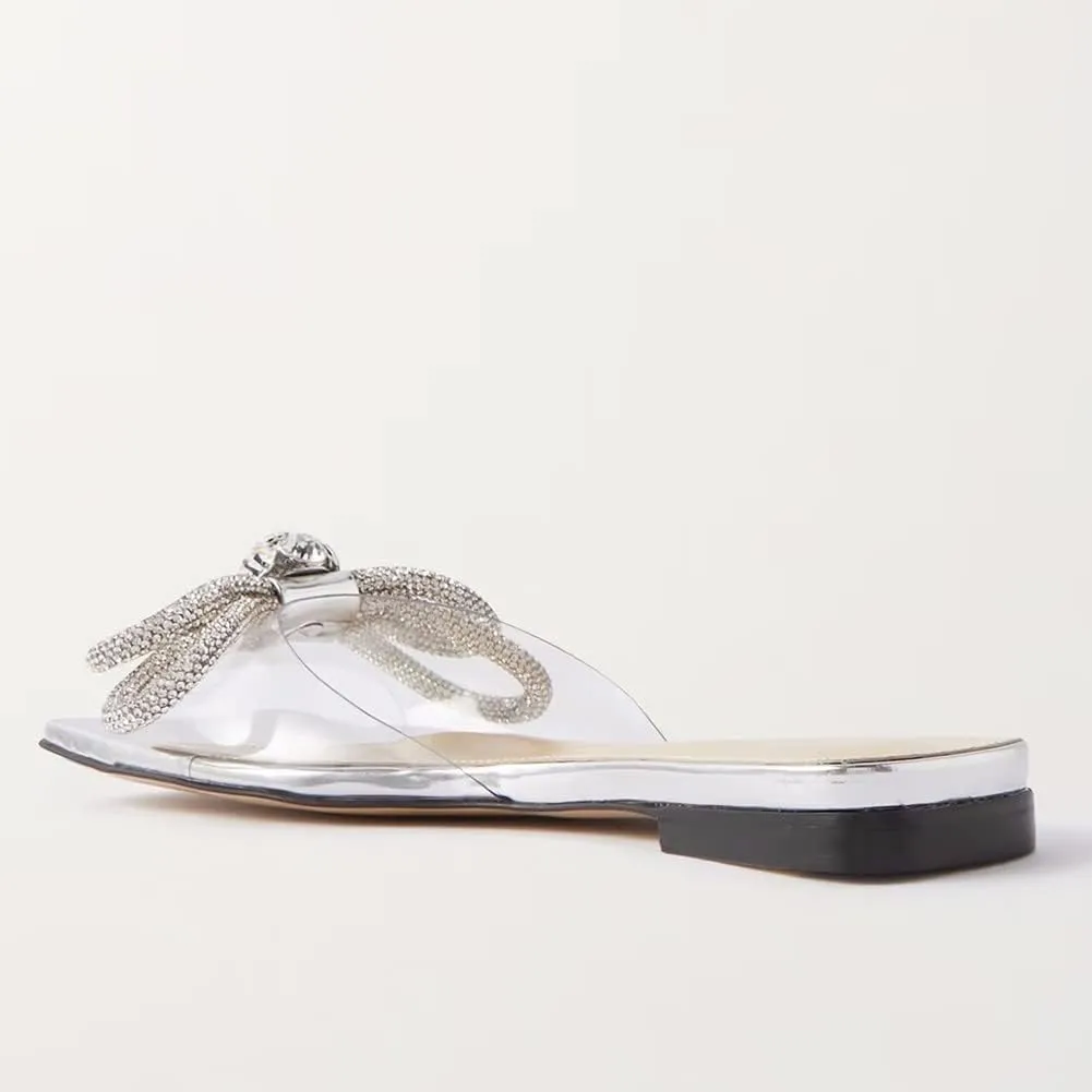 Divanne Slide Sandals for Women, Rhinestone Sandal Flats Bow Slippers Comfort Dressy Flat Slides