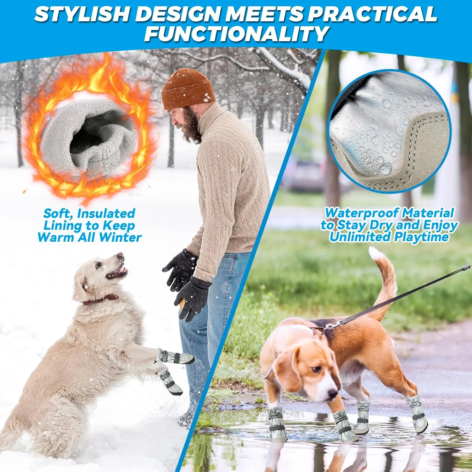 Dog Shoes Large Size Dogs, 4PCS Waterproof Dog Booties-Dog Boots & Paw Protectors, Medium Shoes for Dogs with Reflective Strip, Anti-Slip Sole for Rain, Snow and Summer Hiking. (Silver, 4)