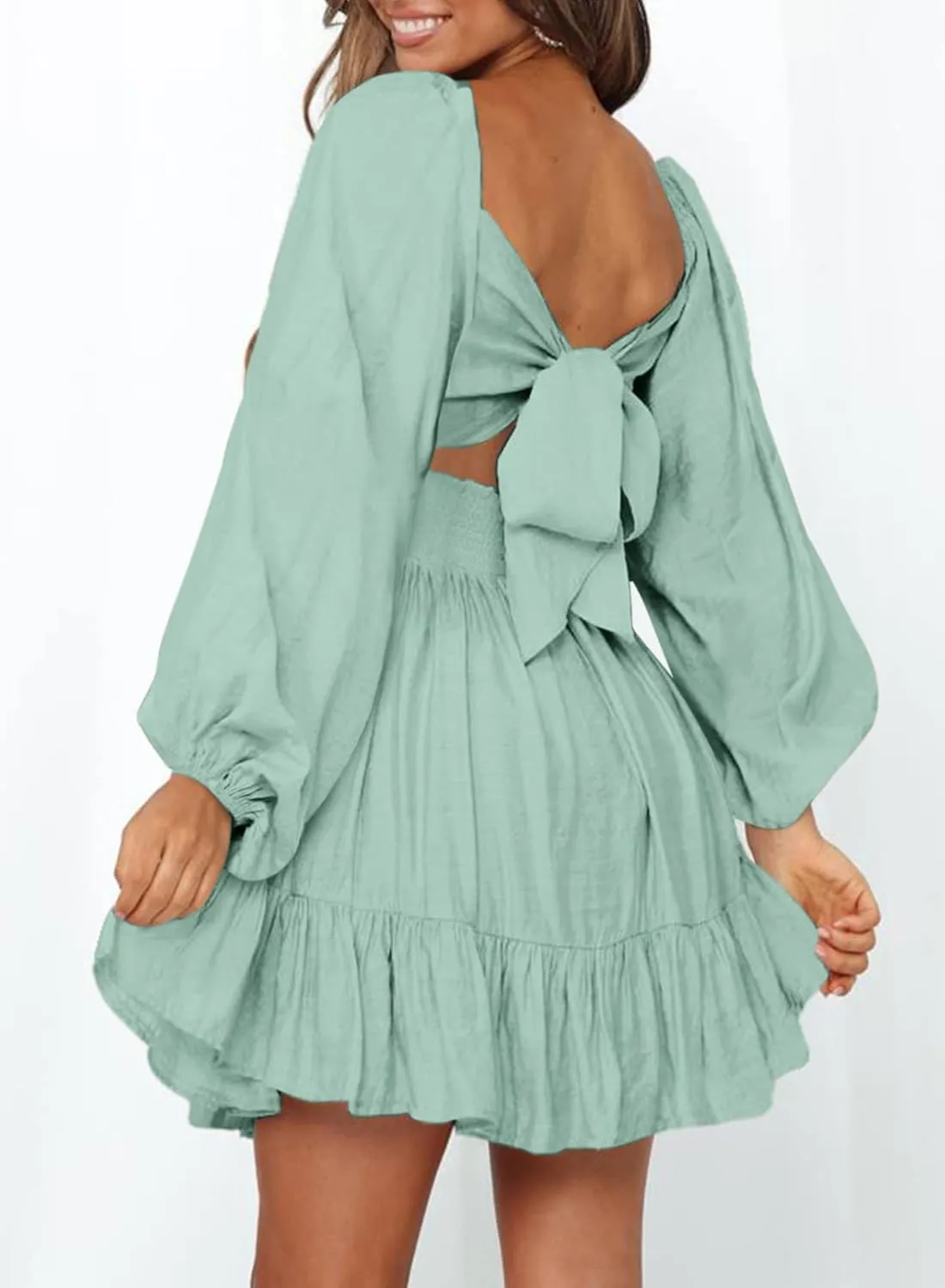 Dokotoo Womens Dress Long Lantern Sleeve Square Neck Tie Backless Sexy Dress Ruffle Elastic Waist A-Line Mini Dress