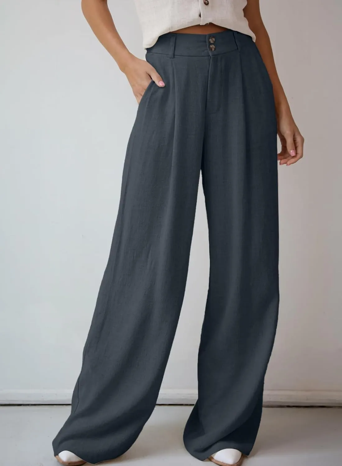 Dokotoo Womens Linen Pants Casual Loose Wide Leg Pants for Women Elastic Waist Palazzo Pants Trousers with Pockets