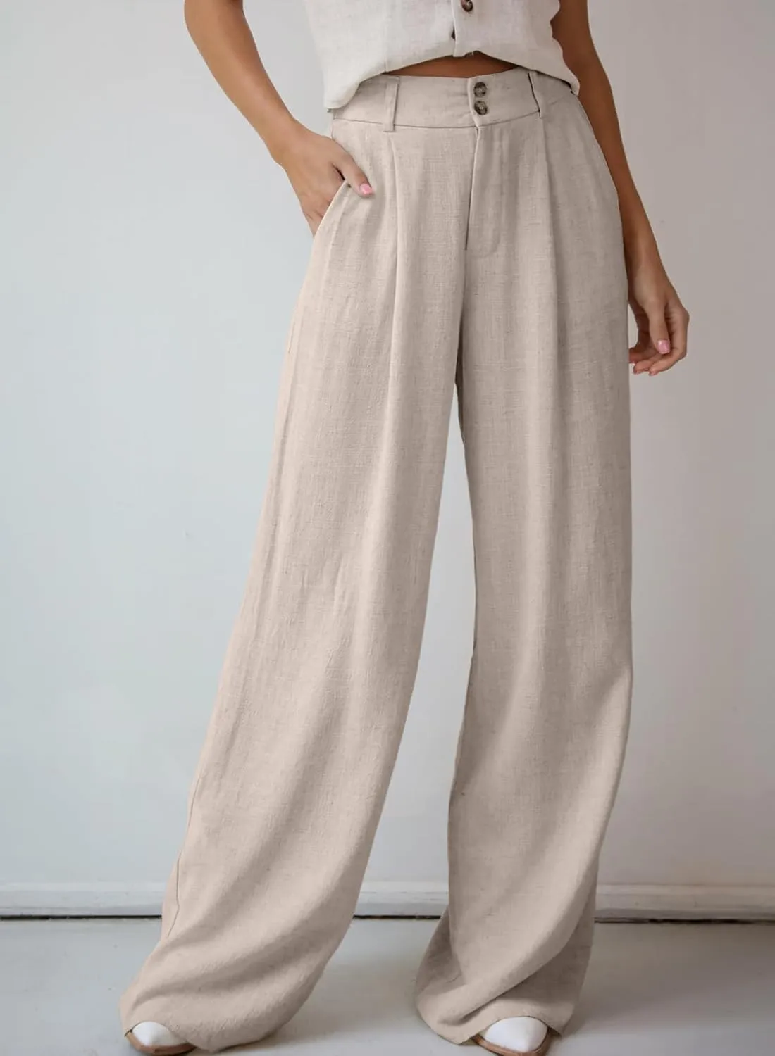 Dokotoo Womens Linen Pants Casual Loose Wide Leg Pants for Women Elastic Waist Palazzo Pants Trousers with Pockets