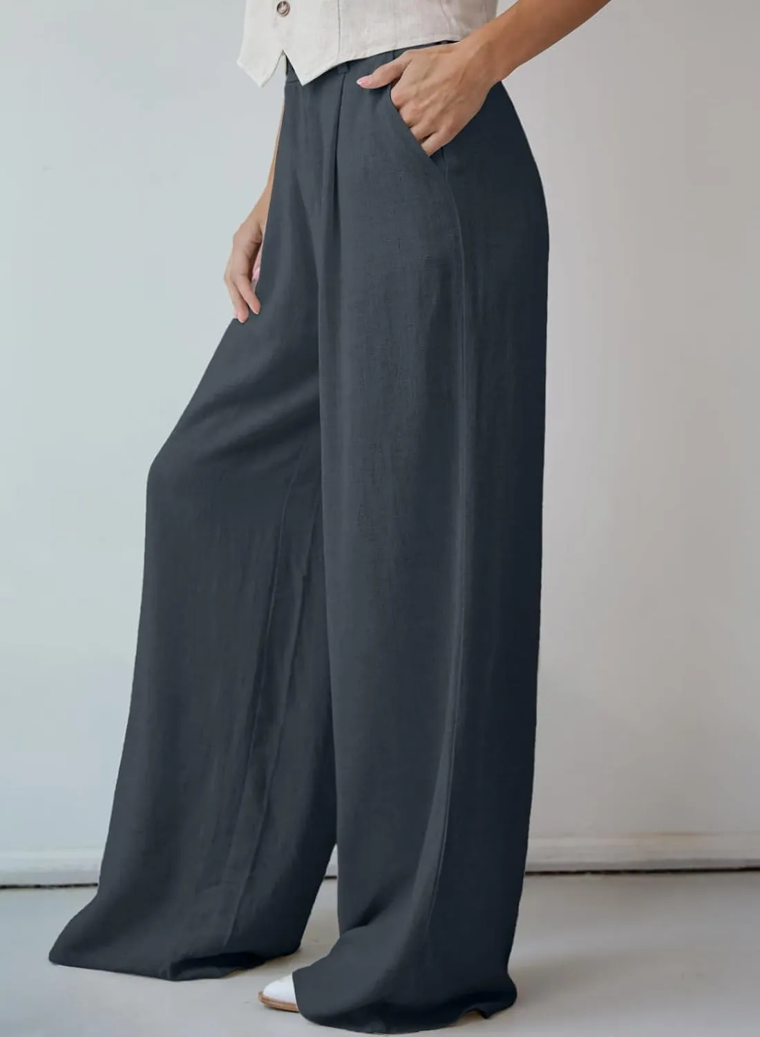 Dokotoo Womens Linen Pants Casual Loose Wide Leg Pants for Women Elastic Waist Palazzo Pants Trousers with Pockets