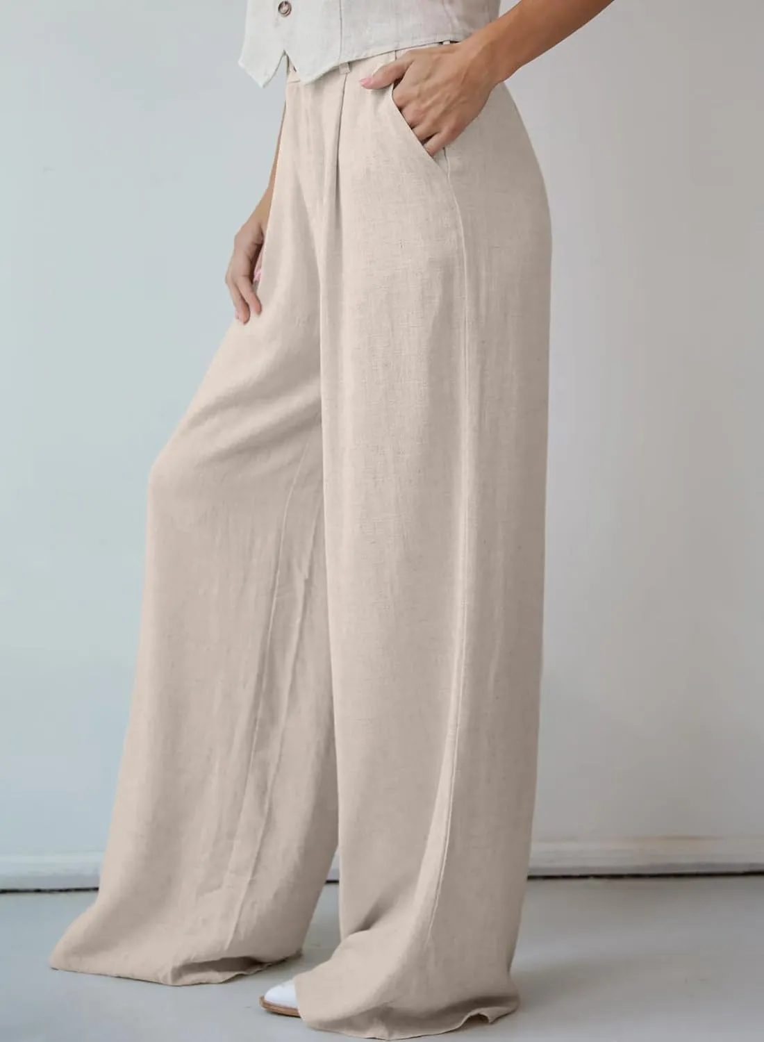 Dokotoo Womens Linen Pants Casual Loose Wide Leg Pants for Women Elastic Waist Palazzo Pants Trousers with Pockets