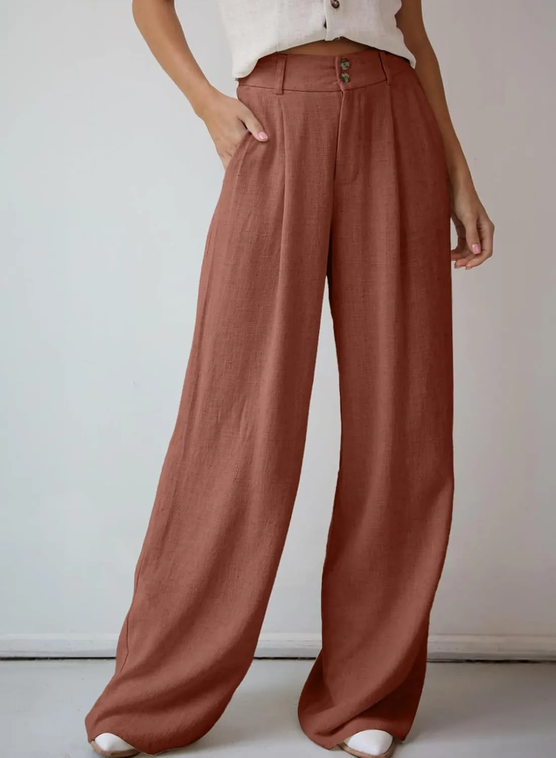 Dokotoo Womens Linen Pants Casual Loose Wide Leg Pants for Women Elastic Waist Palazzo Pants Trousers with Pockets