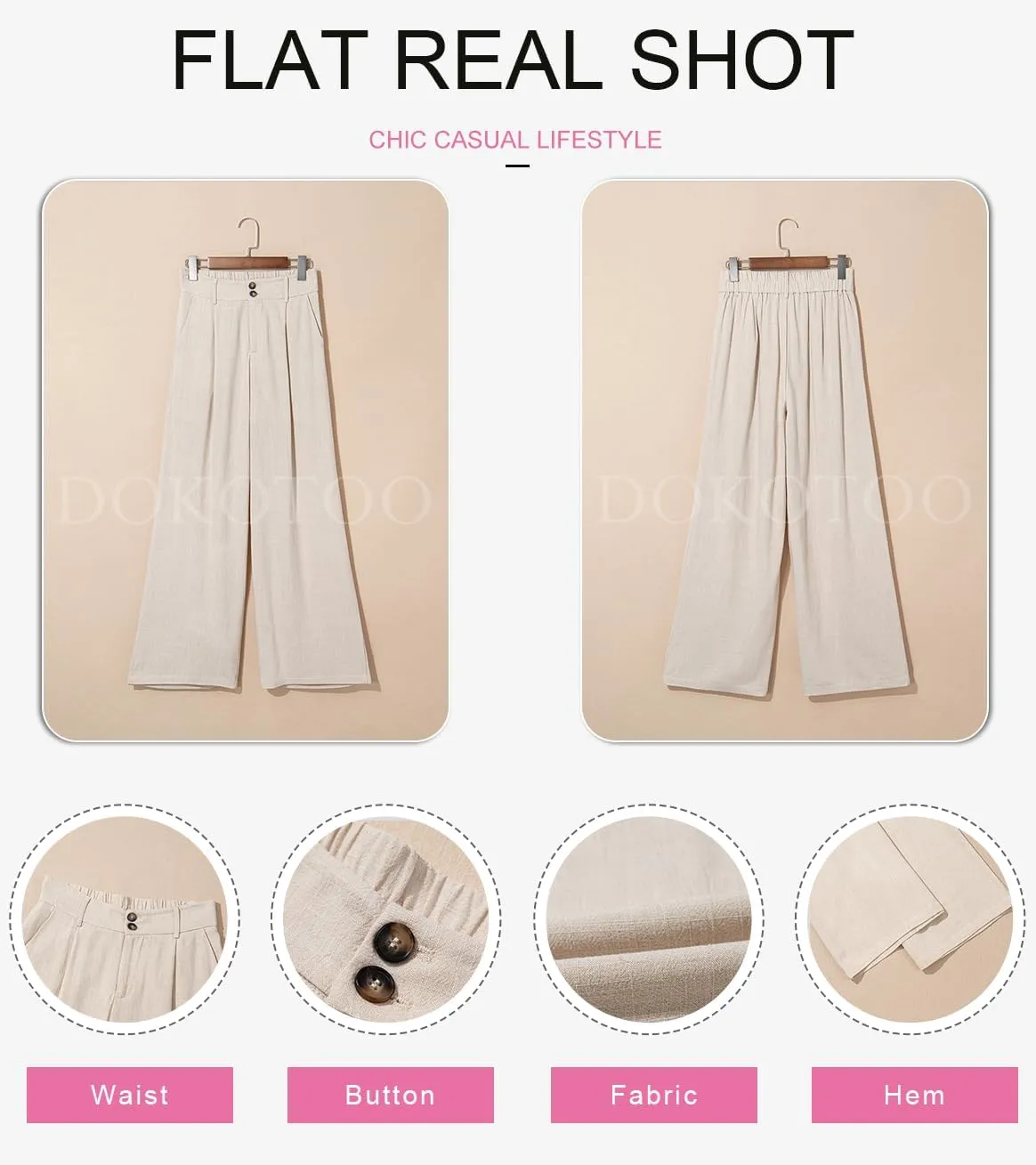 Dokotoo Womens Linen Pants Casual Loose Wide Leg Pants for Women Elastic Waist Palazzo Pants Trousers with Pockets