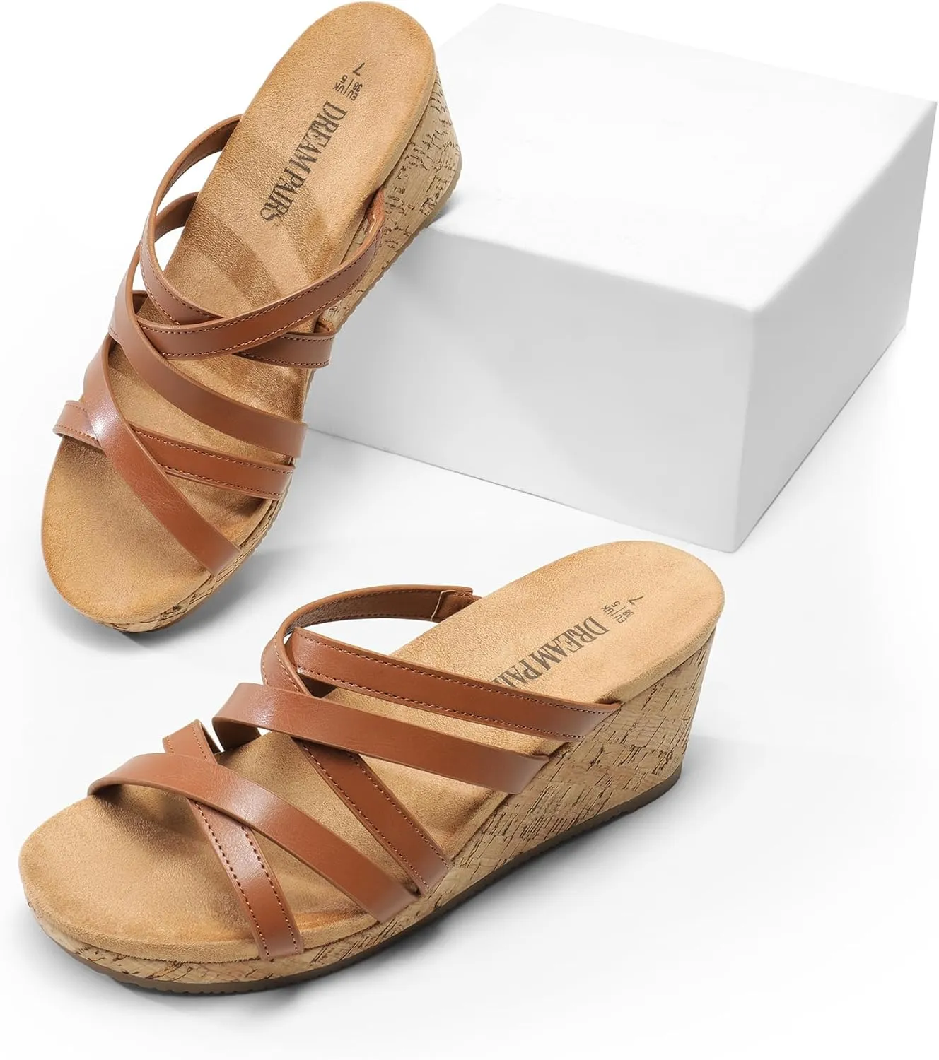 DREAM PAIRS Dressy Wedge Sandals for Women Casual Summer, Comfort Cork Strappy Platform Slides Sandals