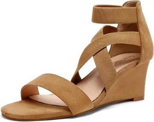 DREAM PAIRS Women's Elastic Ankle Strap Low Wedge Sandals