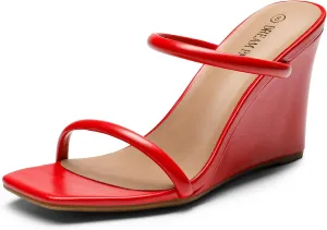 DREAM PAIRS Women's Slides Wedge Sandals Two Strap Square Open Toe Dress Shoes