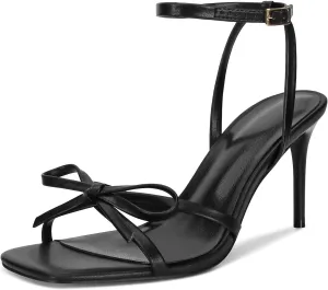 Dsevht Gold Bow Heels for Women Sexy Stiletto Strappy Heeled Sandals Square Open Toe Bow Knot Metallic Slingback Heels Dress Shoes