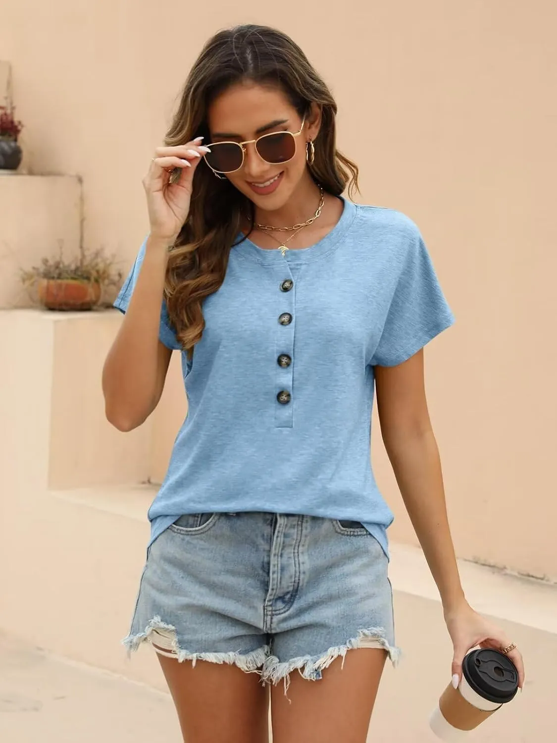 EADINVE Womens Batwing Sleeve Tshirts Crew Neck Short Sleeve Buttons Tops Tee Basic Summer Blouse Loose Fit