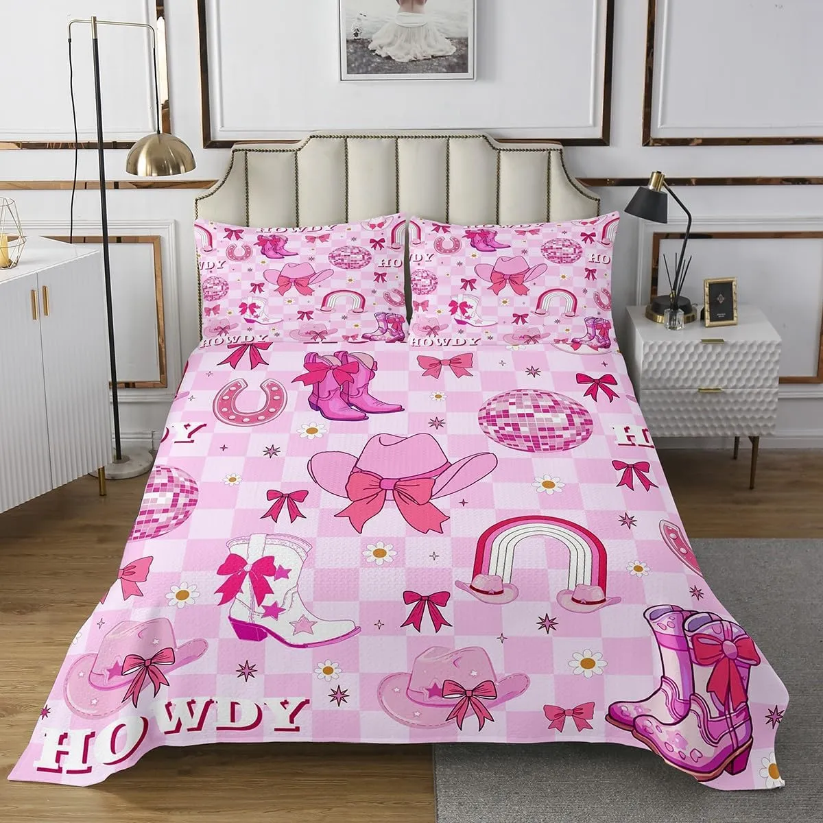 Erosebridal Bowknot Cowgirl Quilt Set King for Girls,Kawaii Western Kids Bedspread Set Cute Pink Bow Cowboy Boots Hats Coverlet Set for Teen Women Geometric Checkered Plaid Disco Bedding