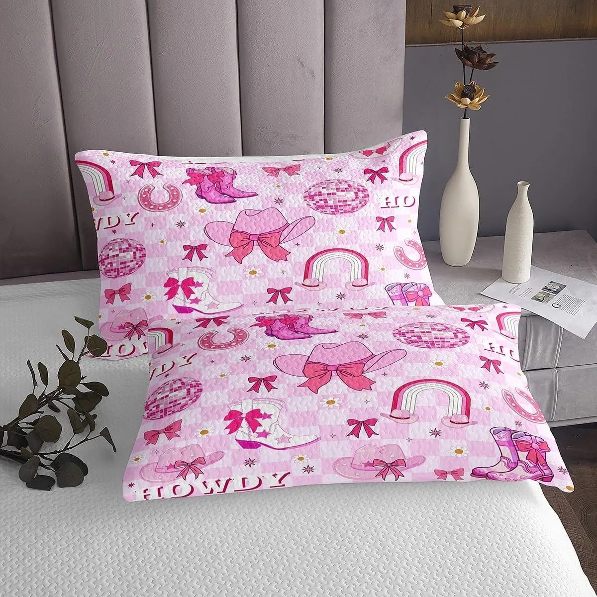 Erosebridal Bowknot Cowgirl Quilt Set King for Girls,Kawaii Western Kids Bedspread Set Cute Pink Bow Cowboy Boots Hats Coverlet Set for Teen Women Geometric Checkered Plaid Disco Bedding