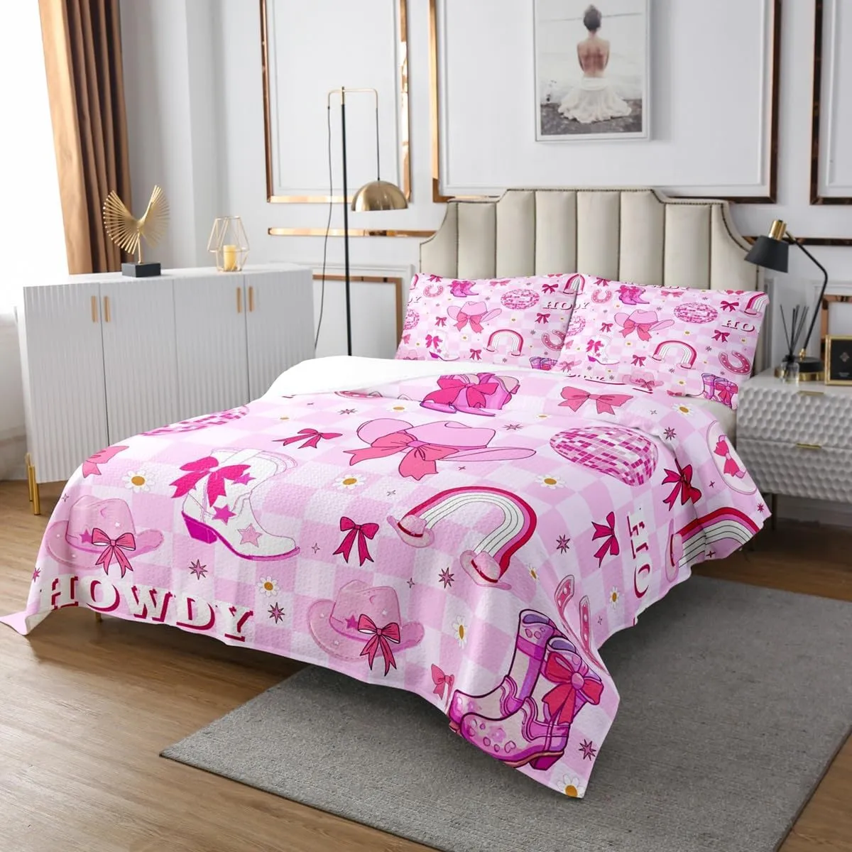 Erosebridal Bowknot Cowgirl Quilt Set King for Girls,Kawaii Western Kids Bedspread Set Cute Pink Bow Cowboy Boots Hats Coverlet Set for Teen Women Geometric Checkered Plaid Disco Bedding
