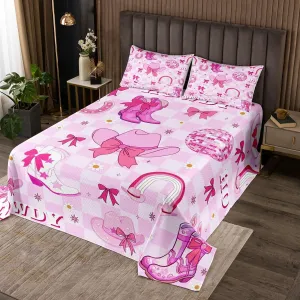 Erosebridal Bowknot Cowgirl Quilt Set King for Girls,Kawaii Western Kids Bedspread Set Cute Pink Bow Cowboy Boots Hats Coverlet Set for Teen Women Geometric Checkered Plaid Disco Bedding