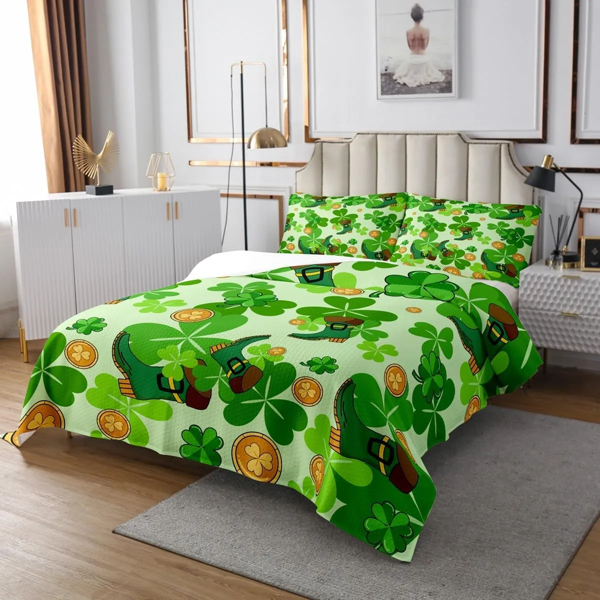 Erosebridal Happy St. Patrick's Day Coverlet Sets King Lucky Four Leaf Clover Design Quilt Set for Kids Boys Girls,Green Boots Bedspread Set Nature Botanical Bedding Set