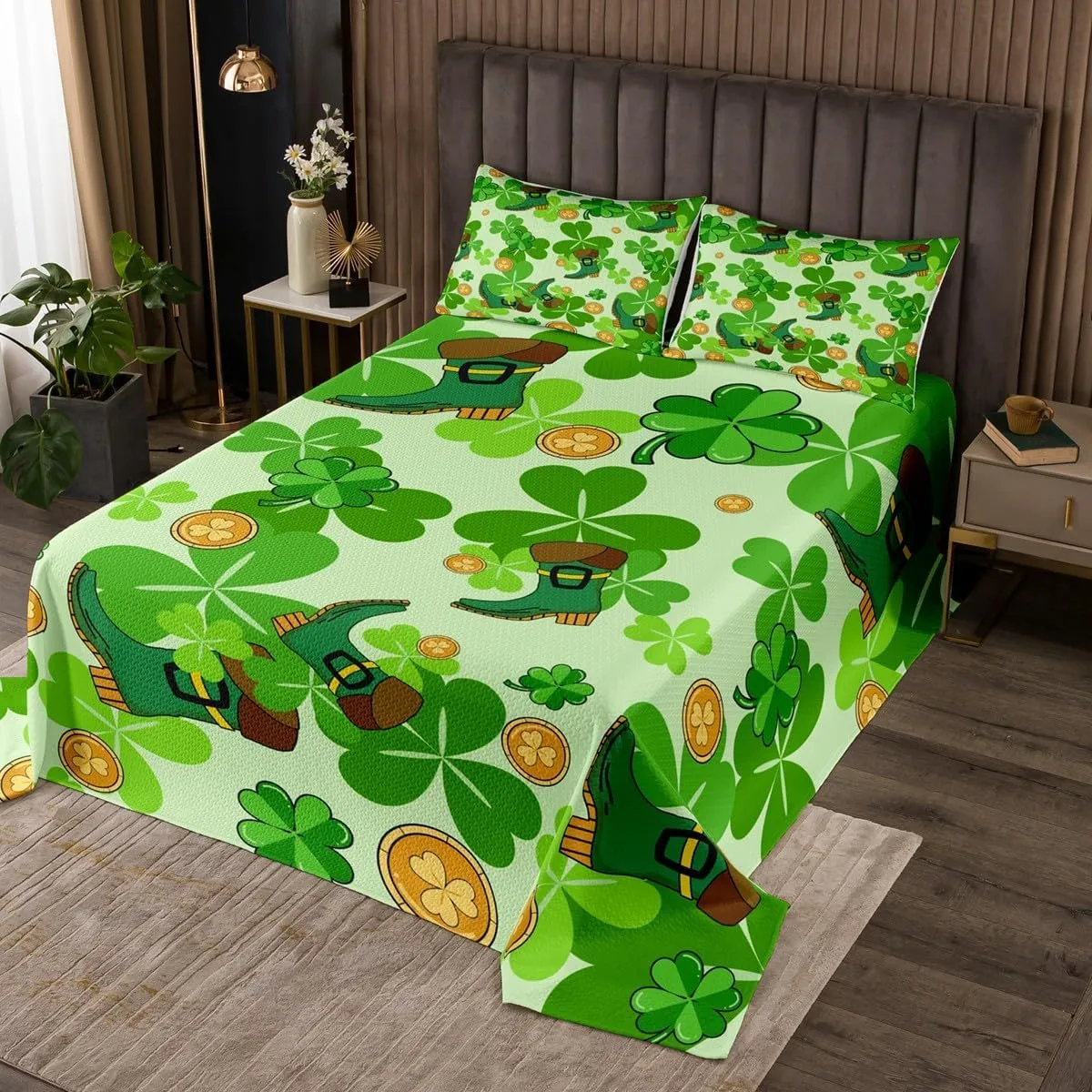 Erosebridal Happy St. Patrick's Day Coverlet Sets King Lucky Four Leaf Clover Design Quilt Set for Kids Boys Girls,Green Boots Bedspread Set Nature Botanical Bedding Set