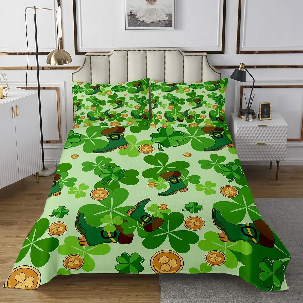 Erosebridal Happy St. Patrick's Day Coverlet Sets King Lucky Four Leaf Clover Design Quilt Set for Kids Boys Girls,Green Boots Bedspread Set Nature Botanical Bedding Set