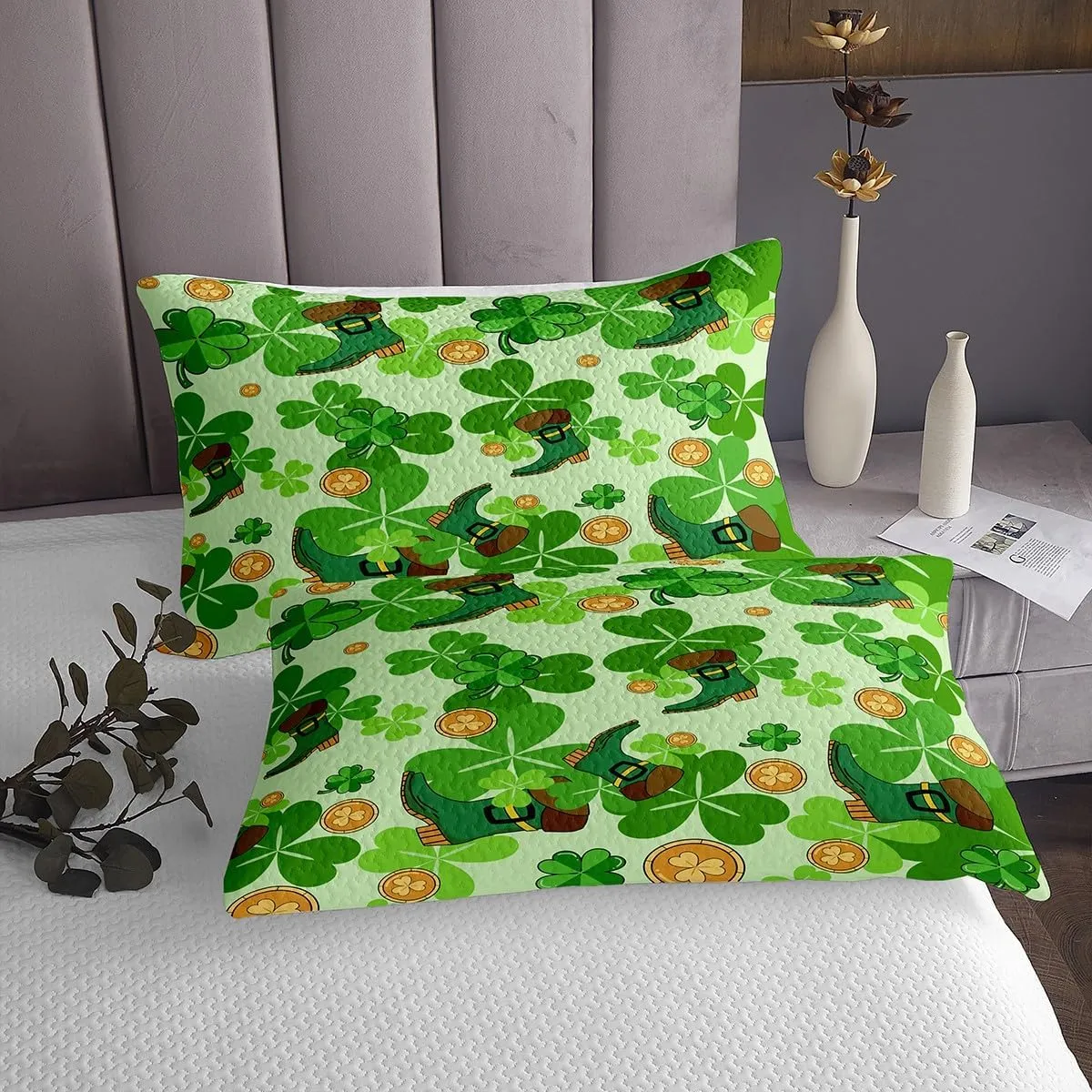 Erosebridal Happy St. Patrick's Day Coverlet Sets King Lucky Four Leaf Clover Design Quilt Set for Kids Boys Girls,Green Boots Bedspread Set Nature Botanical Bedding Set