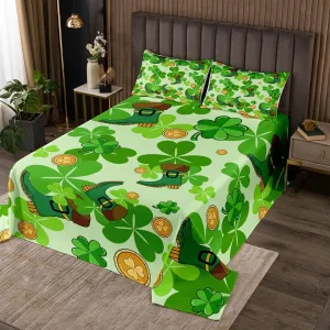 Erosebridal Happy St. Patrick's Day Coverlet Sets King Lucky Four Leaf Clover Design Quilt Set for Kids Boys Girls,Green Boots Bedspread Set Nature Botanical Bedding Set