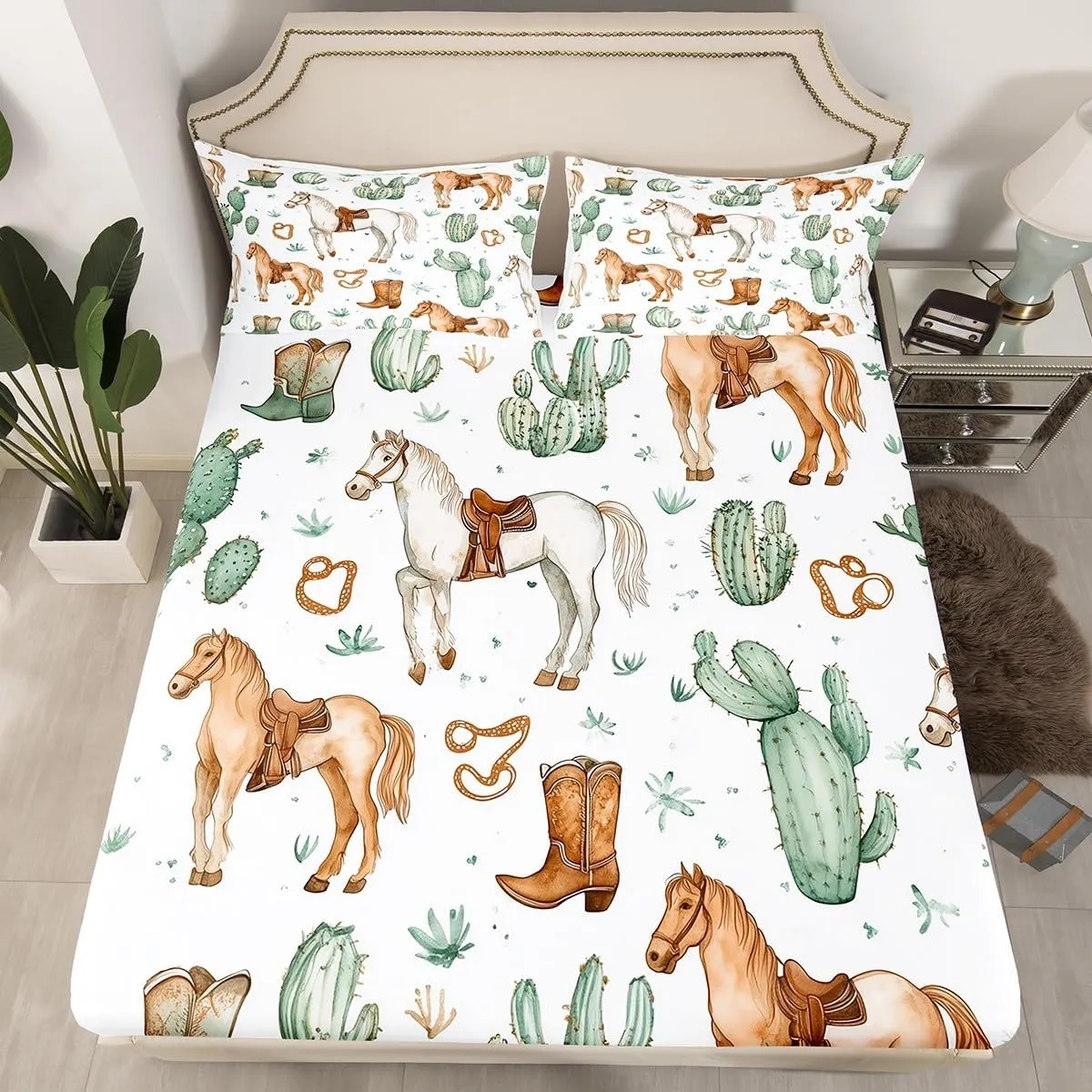 Erosebridal Horse Bedding Set for Kids Boys Girls Teens,Western Farmhouse Animal Full Sheet Set Cowboy Boots Bed Sheets Desert Cactus Bed Sheet Set 4 Piece