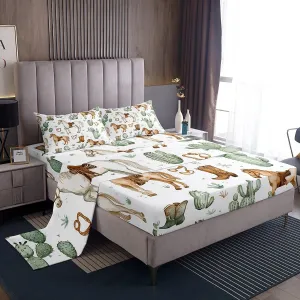 Erosebridal Horse Bedding Set for Kids Boys Girls Teens,Western Farmhouse Animal Full Sheet Set Cowboy Boots Bed Sheets Desert Cactus Bed Sheet Set 4 Piece