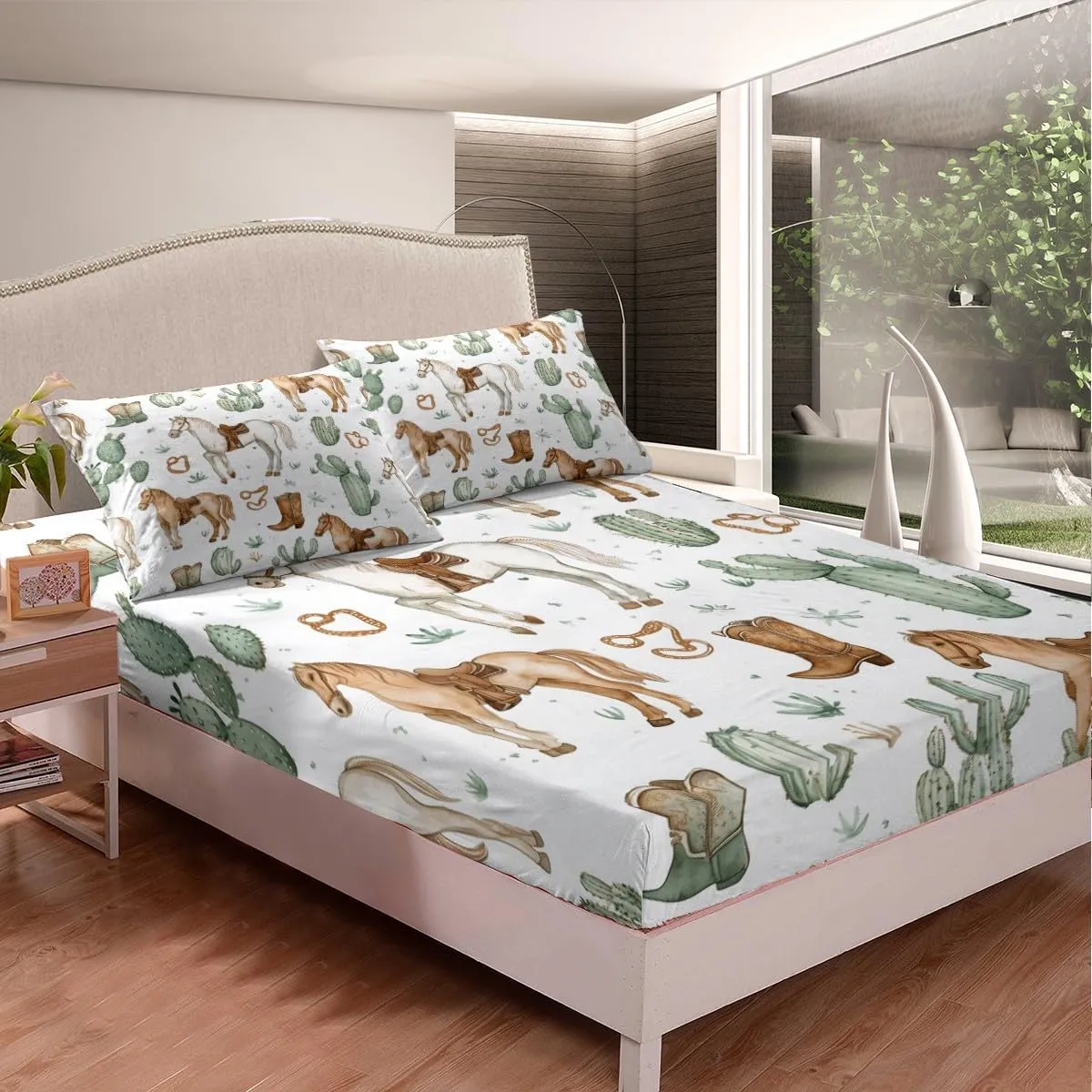 Erosebridal Horse Bedding Set for Kids Boys Girls Teens,Western Farmhouse Animal Full Sheet Set Cowboy Boots Bed Sheets Desert Cactus Bed Sheet Set 4 Piece