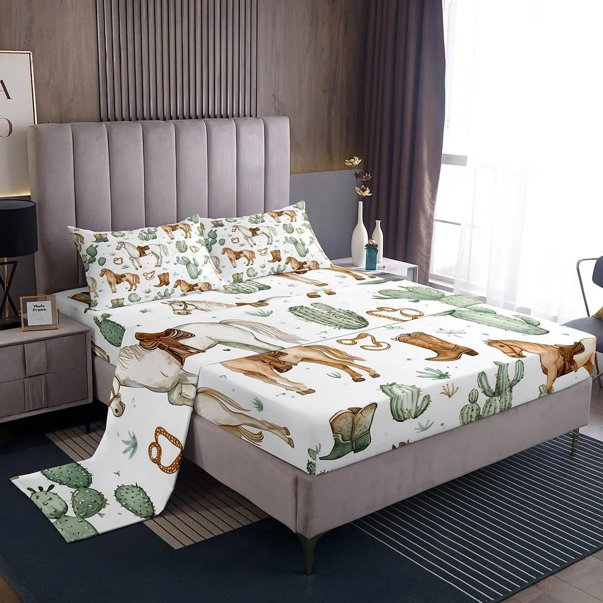 Erosebridal Horse Bedding Set for Kids Boys Girls Teens,Western Farmhouse Animal Full Sheet Set Cowboy Boots Bed Sheets Desert Cactus Bed Sheet Set 4 Piece