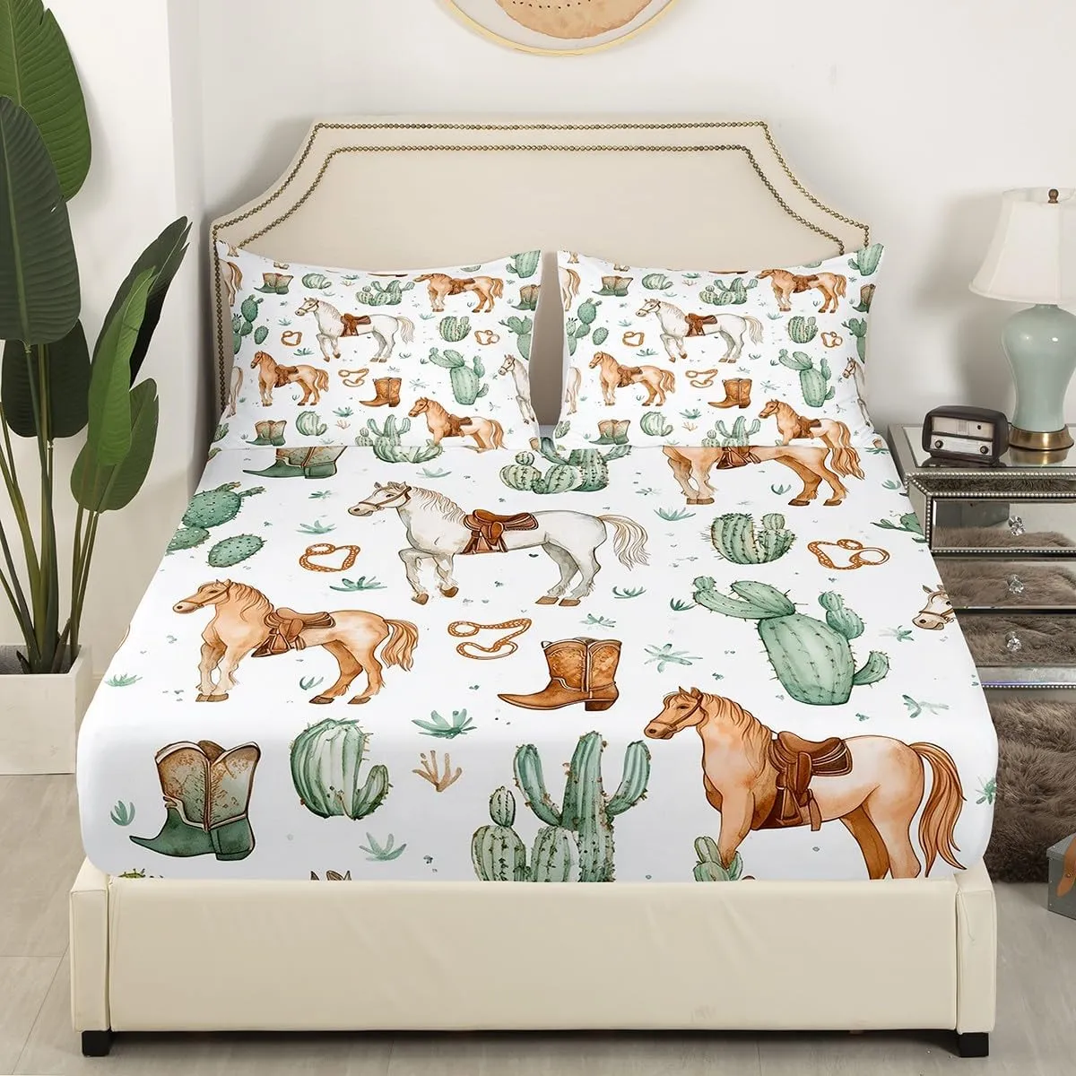 Erosebridal Horse Bedding Set for Kids Boys Girls Teens,Western Farmhouse Animal Full Sheet Set Cowboy Boots Bed Sheets Desert Cactus Bed Sheet Set 4 Piece