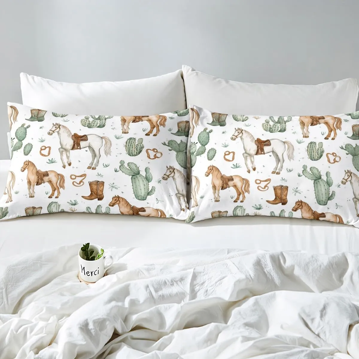Erosebridal Horse Bedding Set for Kids Boys Girls Teens,Western Farmhouse Animal Full Sheet Set Cowboy Boots Bed Sheets Desert Cactus Bed Sheet Set 4 Piece