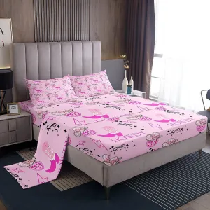 Erosebridal Pink Cowgirl Full Bed Sheets for Kids Girls Teen,Western Cowgirls Bedding Set Disco Ball Hats Sheet Set Bow Boots 1 Fitted Sheet 1 Flat Sheet 2 Pillow Cases
