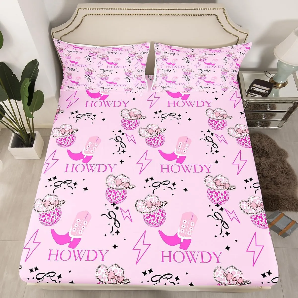Erosebridal Pink Cowgirl Full Bed Sheets for Kids Girls Teen,Western Cowgirls Bedding Set Disco Ball Hats Sheet Set Bow Boots 1 Fitted Sheet 1 Flat Sheet 2 Pillow Cases
