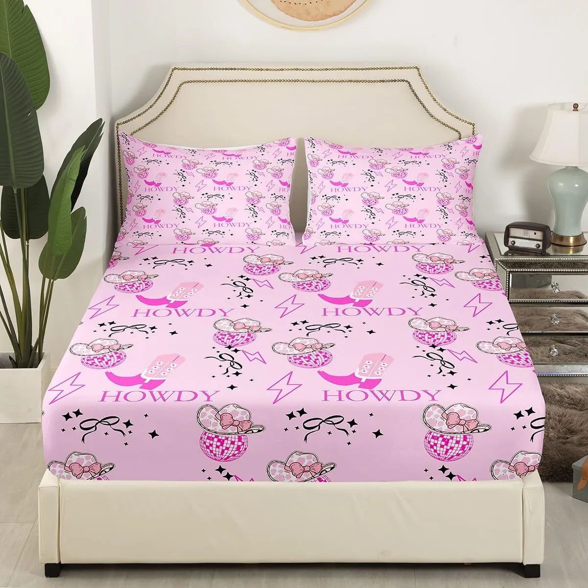 Erosebridal Pink Cowgirl Full Bed Sheets for Kids Girls Teen,Western Cowgirls Bedding Set Disco Ball Hats Sheet Set Bow Boots 1 Fitted Sheet 1 Flat Sheet 2 Pillow Cases