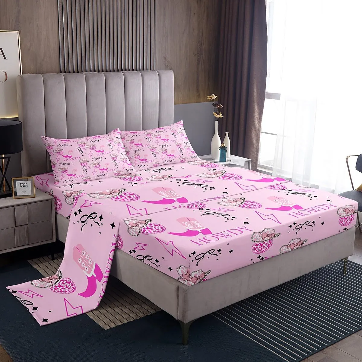 Erosebridal Pink Cowgirl Full Bed Sheets for Kids Girls Teen,Western Cowgirls Bedding Set Disco Ball Hats Sheet Set Bow Boots 1 Fitted Sheet 1 Flat Sheet 2 Pillow Cases
