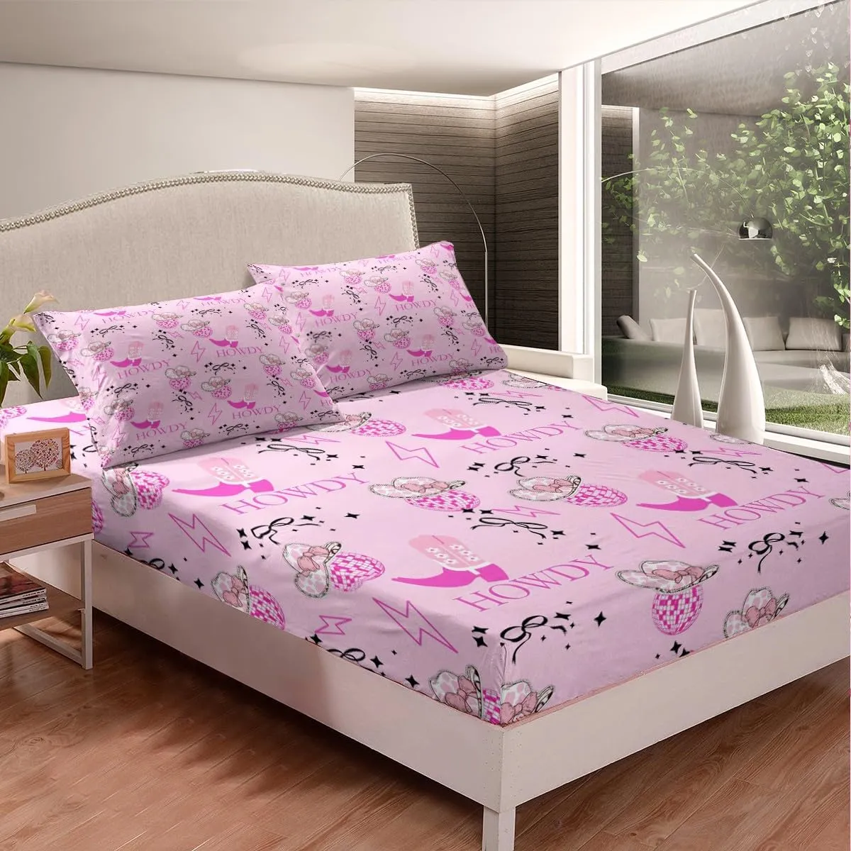 Erosebridal Pink Cowgirl Full Bed Sheets for Kids Girls Teen,Western Cowgirls Bedding Set Disco Ball Hats Sheet Set Bow Boots 1 Fitted Sheet 1 Flat Sheet 2 Pillow Cases