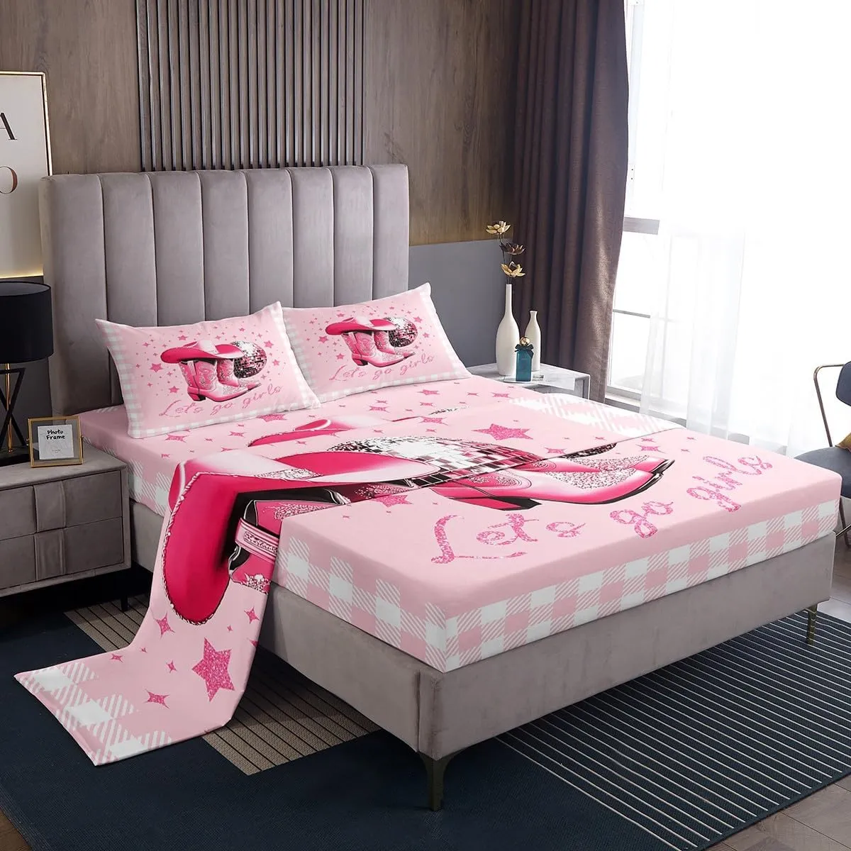 Erosebridal Plaid Cowgirl Full Sheet Set for Girls,Kawaii Western Bed Sheets Geometric Checkerde Grid Bedding for Kids Teen Women,Disco Ball Boots Hat Bed Sheet Set 4 Piece Cute Room Decor