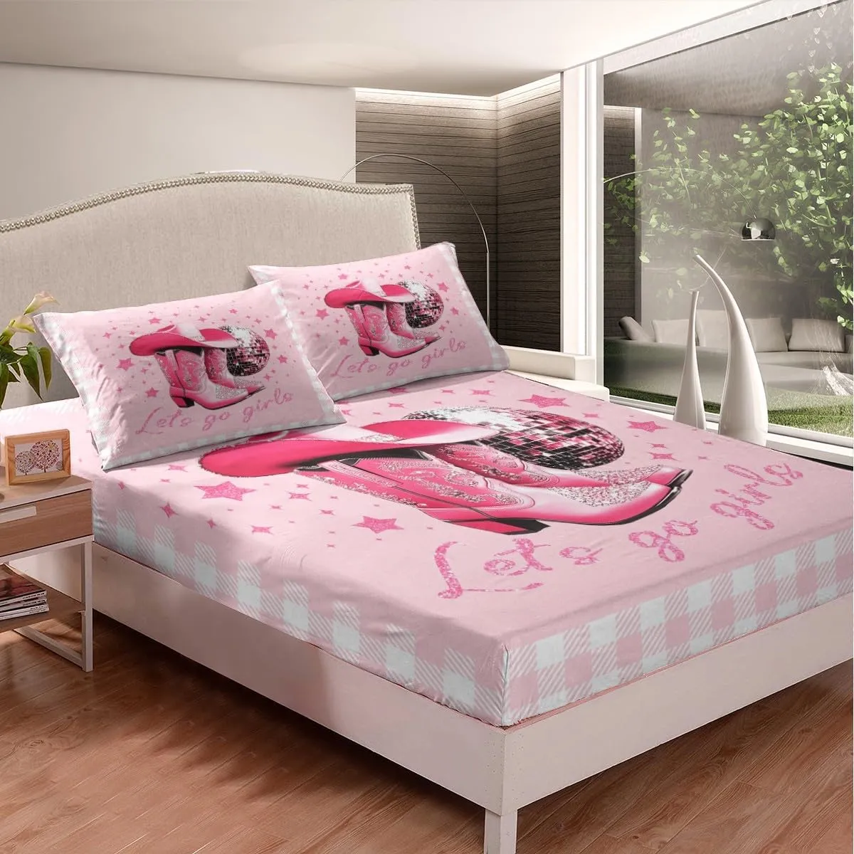 Erosebridal Plaid Cowgirl Full Sheet Set for Girls,Kawaii Western Bed Sheets Geometric Checkerde Grid Bedding for Kids Teen Women,Disco Ball Boots Hat Bed Sheet Set 4 Piece Cute Room Decor