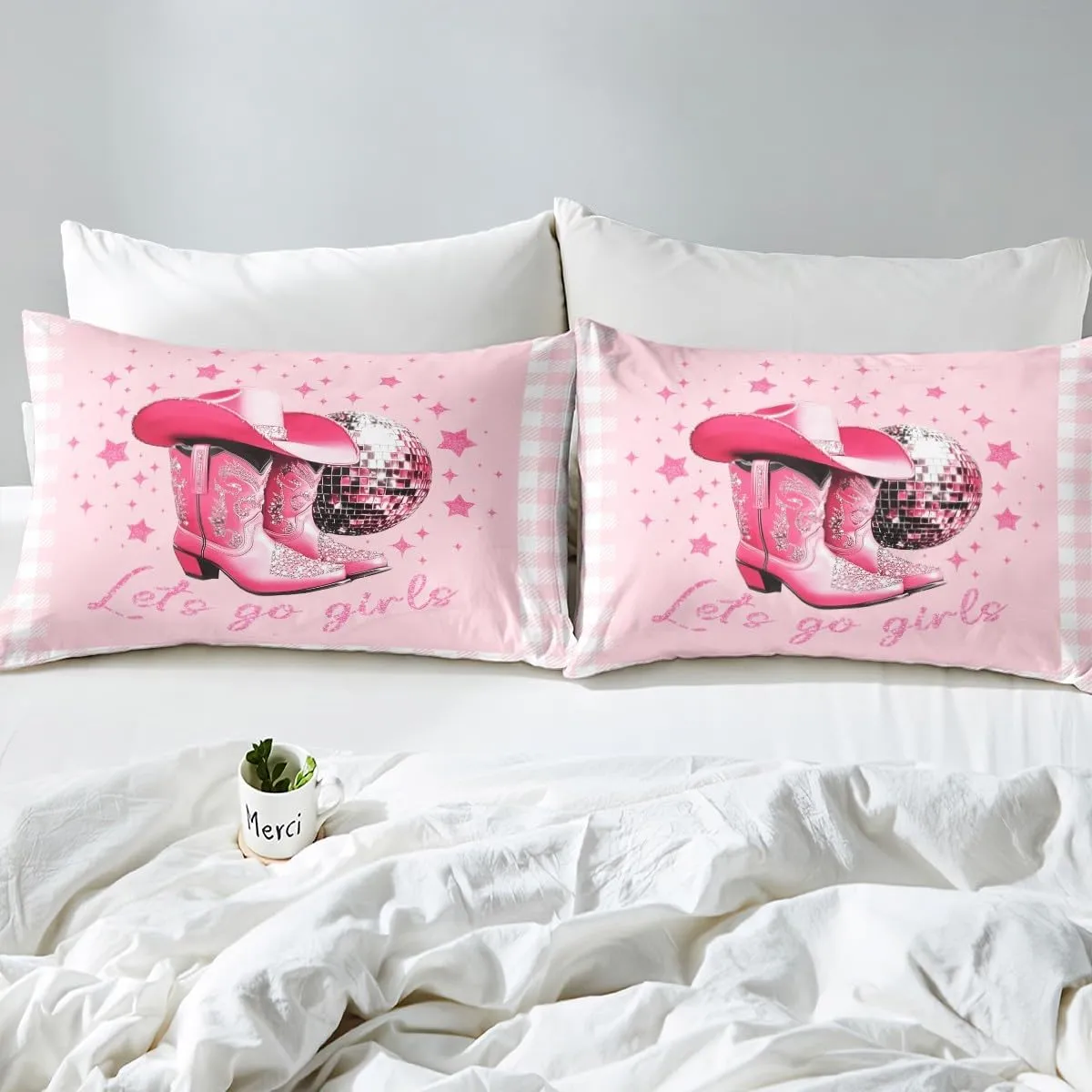 Erosebridal Plaid Cowgirl Full Sheet Set for Girls,Kawaii Western Bed Sheets Geometric Checkerde Grid Bedding for Kids Teen Women,Disco Ball Boots Hat Bed Sheet Set 4 Piece Cute Room Decor