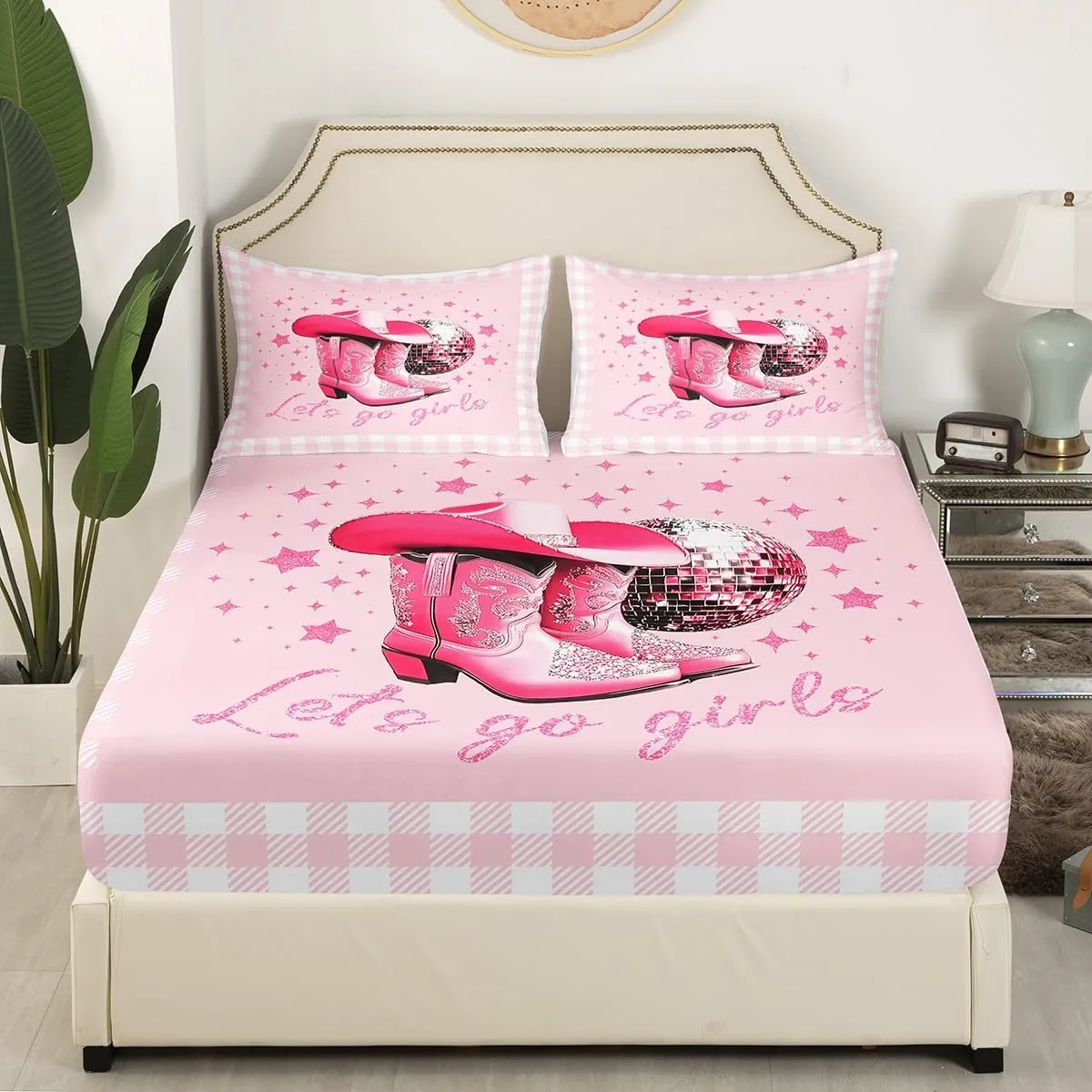 Erosebridal Plaid Cowgirl Full Sheet Set for Girls,Kawaii Western Bed Sheets Geometric Checkerde Grid Bedding for Kids Teen Women,Disco Ball Boots Hat Bed Sheet Set 4 Piece Cute Room Decor