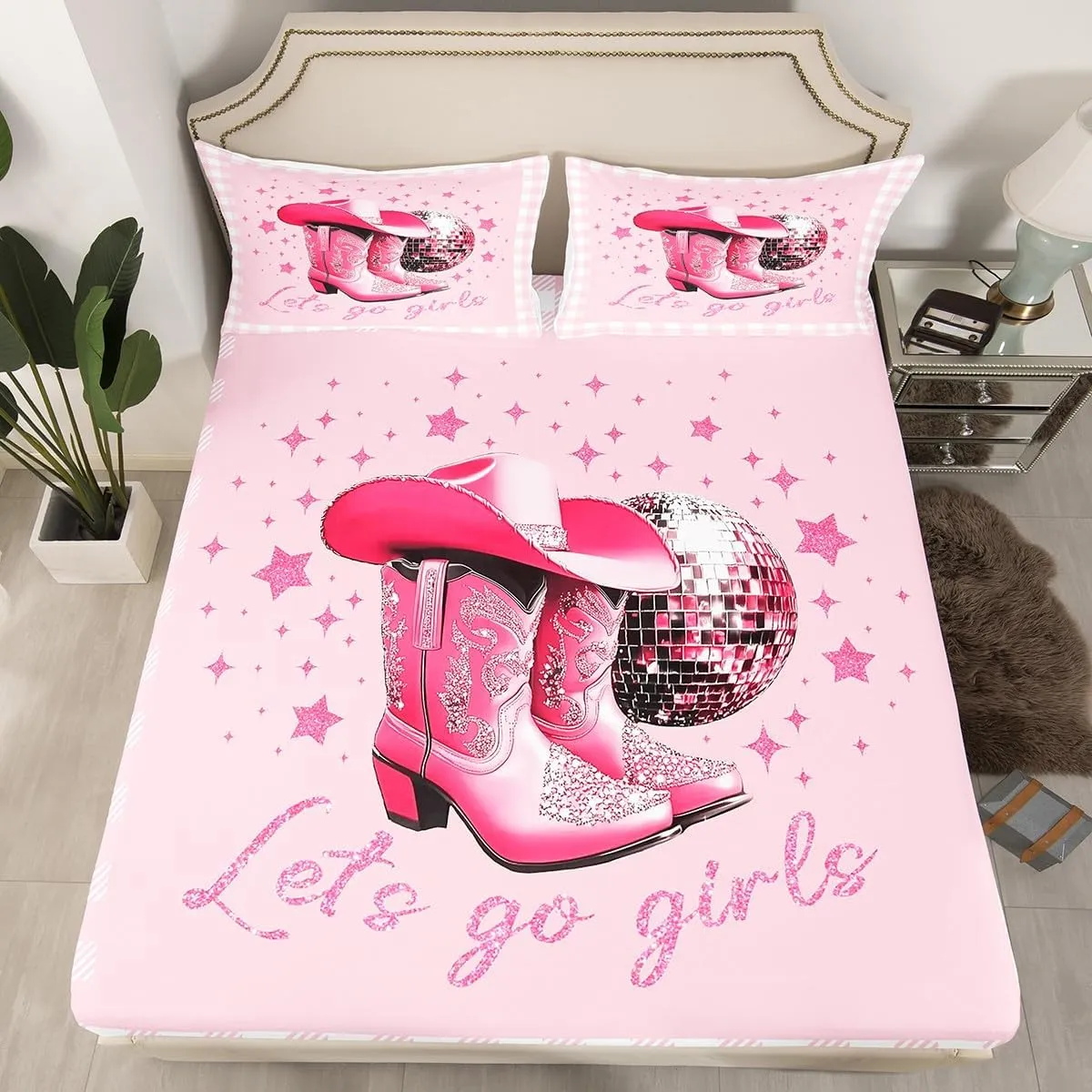 Erosebridal Plaid Cowgirl Full Sheet Set for Girls,Kawaii Western Bed Sheets Geometric Checkerde Grid Bedding for Kids Teen Women,Disco Ball Boots Hat Bed Sheet Set 4 Piece Cute Room Decor